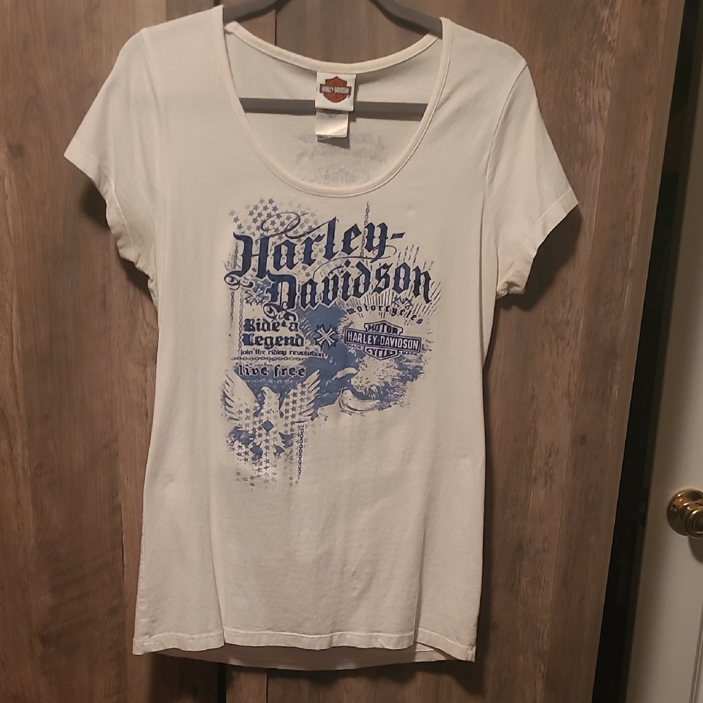 Harley-Davidson Women's White and Blue Graphic Tee